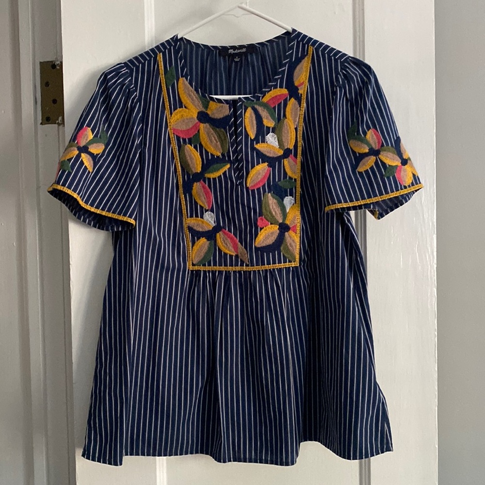 Size small Madewell Embroidered Blue Striped Top